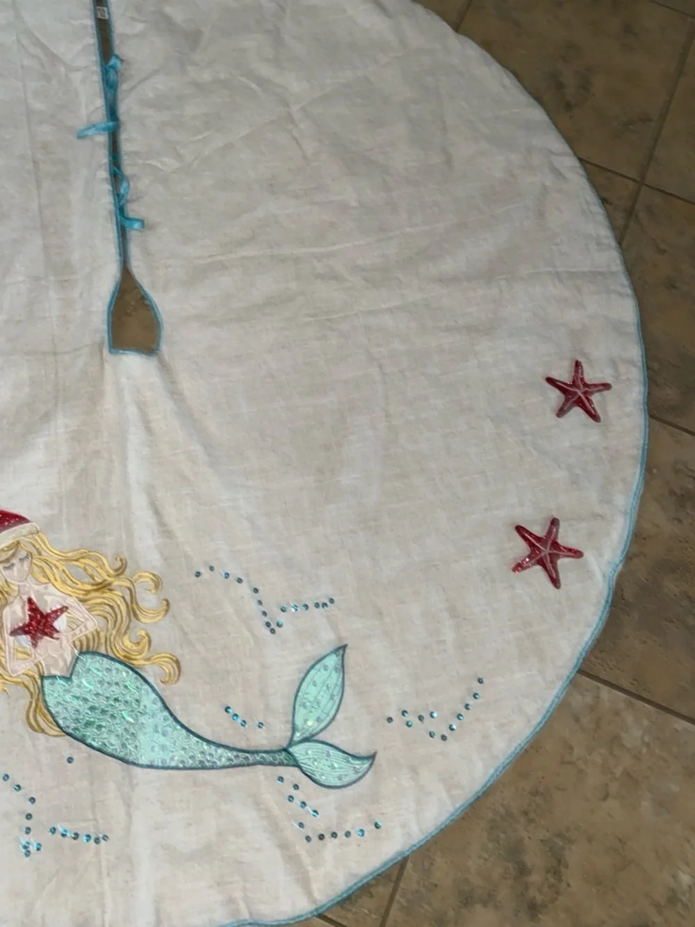 Mermaid Starfish Embroidered Coastal Turquoise White Christmas 52”W Tree Skirt